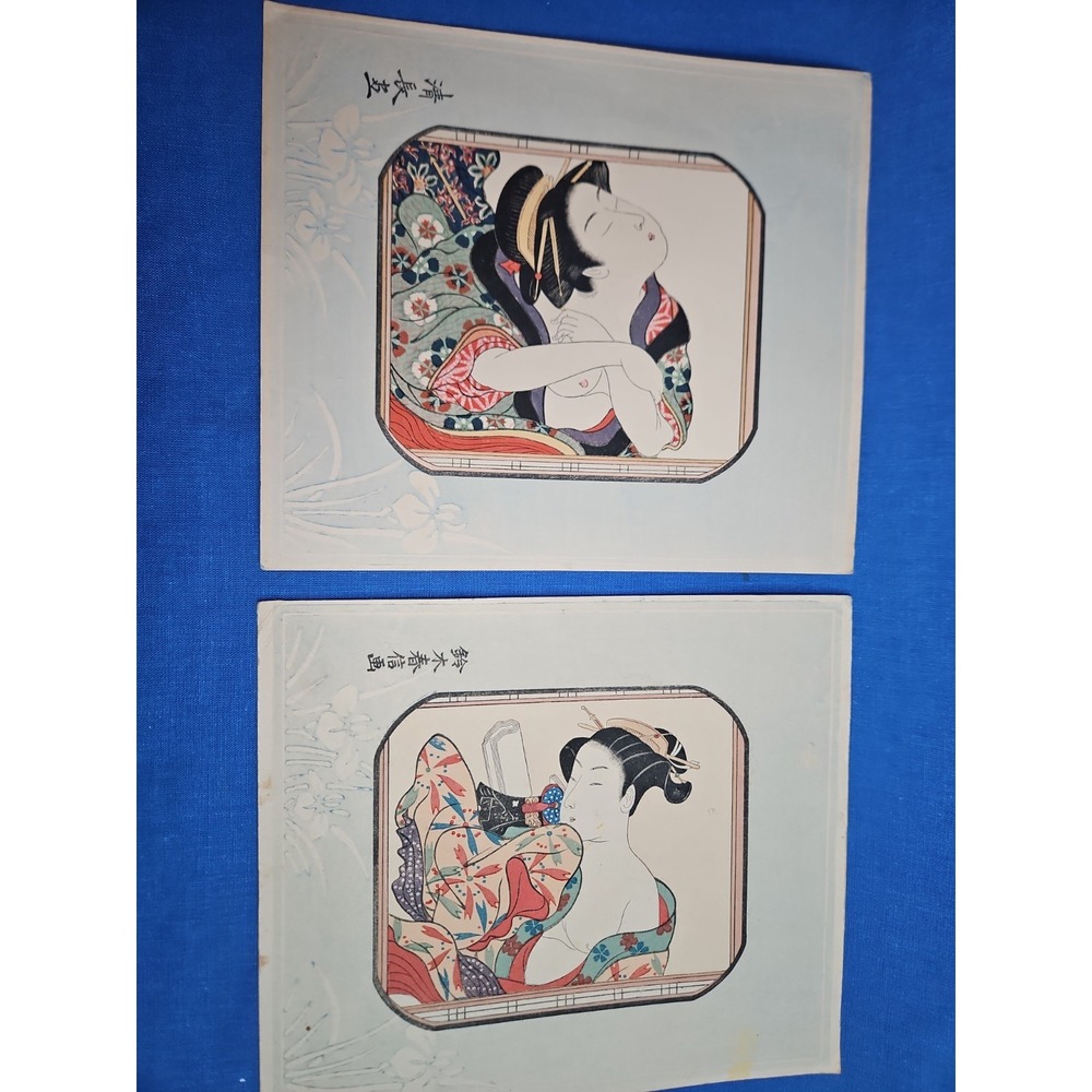 2 Japanese Woodblock Print Ukiyo-e Geisha Shunga Utagawa Kuniyoshi Keisai Eisen